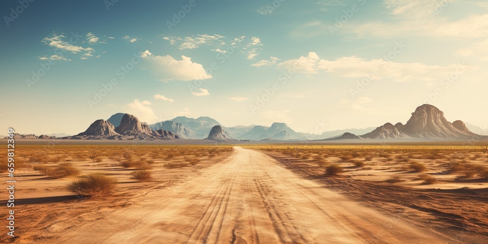 Sand desert hot dirty road path. Outdoor arizona western nature landscape background. Road trip travel adventure explore vibe