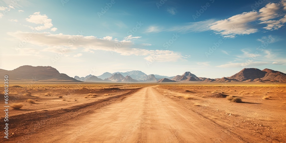 Sand desert hot dirty road path. Outdoor arizona western nature landscape background. Road trip travel adventure explore vibe