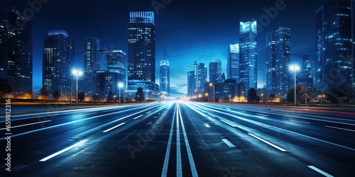 Road in city with skyscrapers and car traffic light trails. infrastructure and transportation background