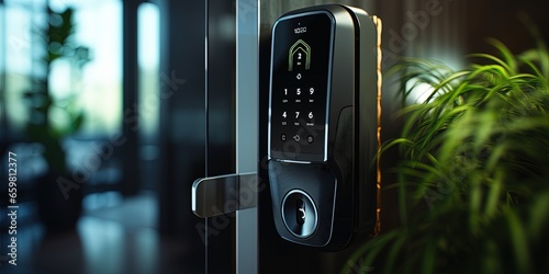 Smart door lock with blurred room background
