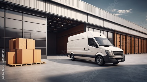 Logistics with Open Door and Delivery Van with Cardboard Boxes photo