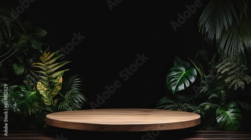 Empty Wooden Table with Tropical Leaves still life with a candle and a palm