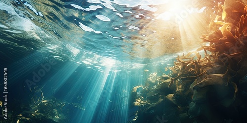 Water wave texture underwater with sunrays photo