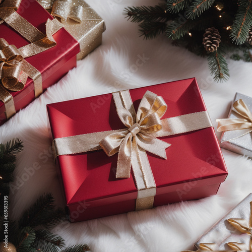 Beautiful gift box, tree branches and Christmas decor on wooden table against blurred festive lights, birthday and christmas concept . Generative AI