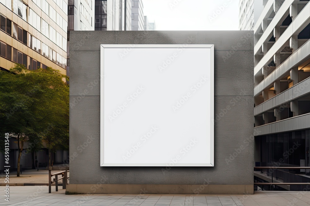 Blank white advertising banner mockup on the wall of a building in the city Blank white advertising banner mockup on the wall of a building in the city