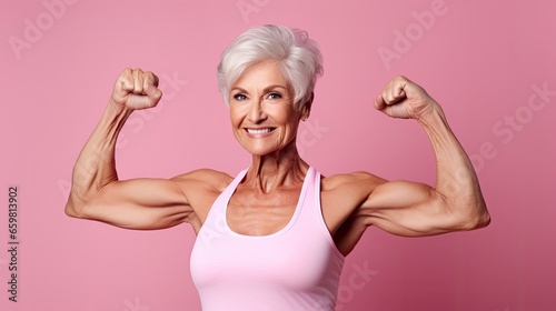 Strong senior woman on pink background