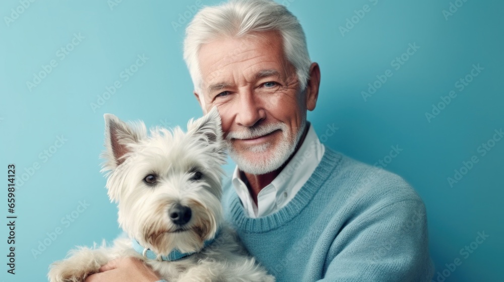 This studio portrait shows the joy between a senior man and his dog.