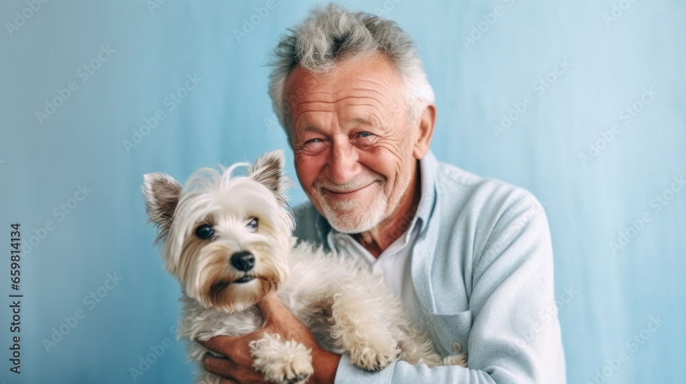 A senior man and his dog both smile in a heartwarming studio shot. A senior man and his dog both smile in a heartwarming studio shot.