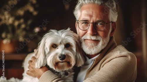 In the cozy, sun-filled room at home, a senior man and his dog share a heartwarming smile.