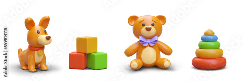 Set of realistic children toys. Multicolored pyramid, cubes, bear, dog. Isolated image on white background. Collection of cute vector illustrations. Icons for web design