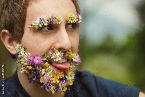 Obraz na plátně Flowers as beard, playful physicist-inspired expression