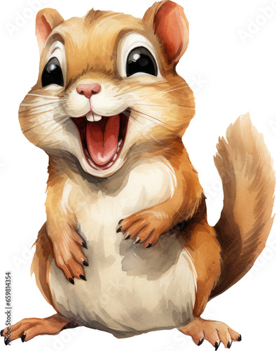 Cartoon Smiling Squirrel watercolor illustration. Generative AI