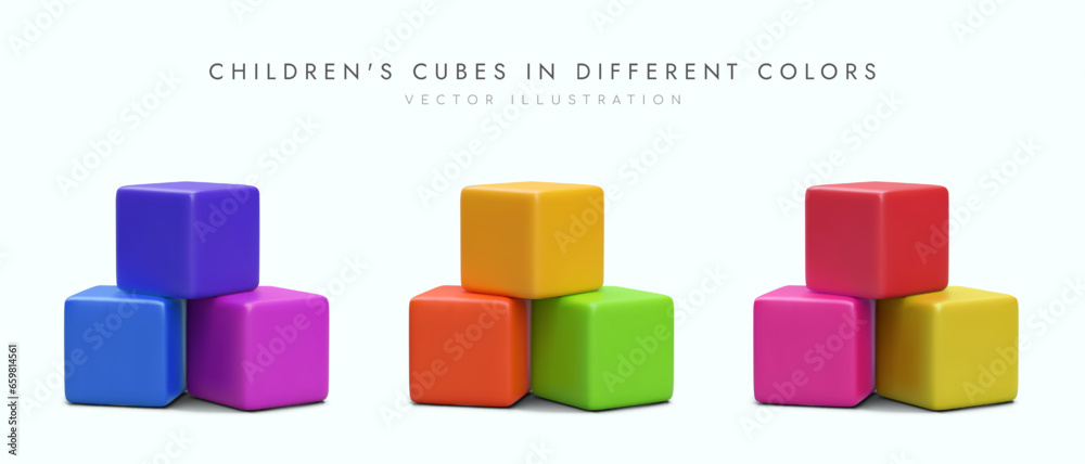 3d cubes for children in different colors. Advertising poster for toy store. Building blocks for kids. Vector illustration in red, blue and yellow colors
