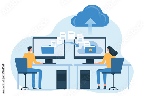 business technology online backup storage and  cloud computing service concept  with business people team working  transfer data to cloud backup concept