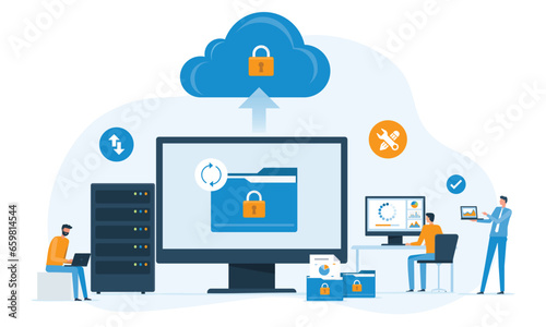 business technology cloud server security. online storage backup. with administrator and developer team management  data upload on cloud storage concept. flat vector illustration design.

