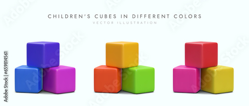 3d cubes for children in different colors. Advertising poster for toy store. Building blocks for kids. Vector illustration in red, blue and yellow colors