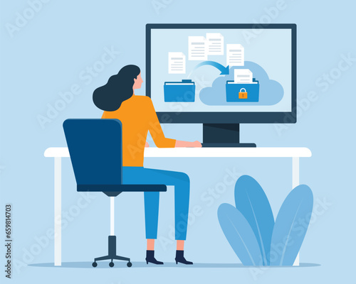business technology online backup storage and  cloud computing service concept  with business people team working  transfer data to cloud backup concept
