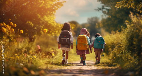 children walk along path with backpacks, happy time to go to school © Kien