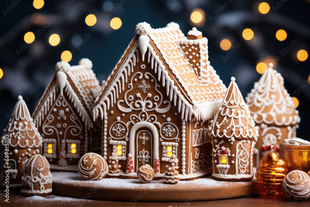 Christmas Gingerbread house on the background of golden festive bokeh.Christmas baking.Holiday mood.