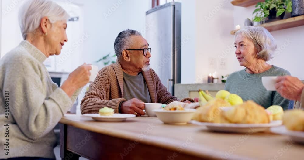 Coffee, old people or friends in retirement talking for support, care or trust for bonding together in nursing home. Tea, happy or man with elderly women for senior friendship, kindness or solidarity