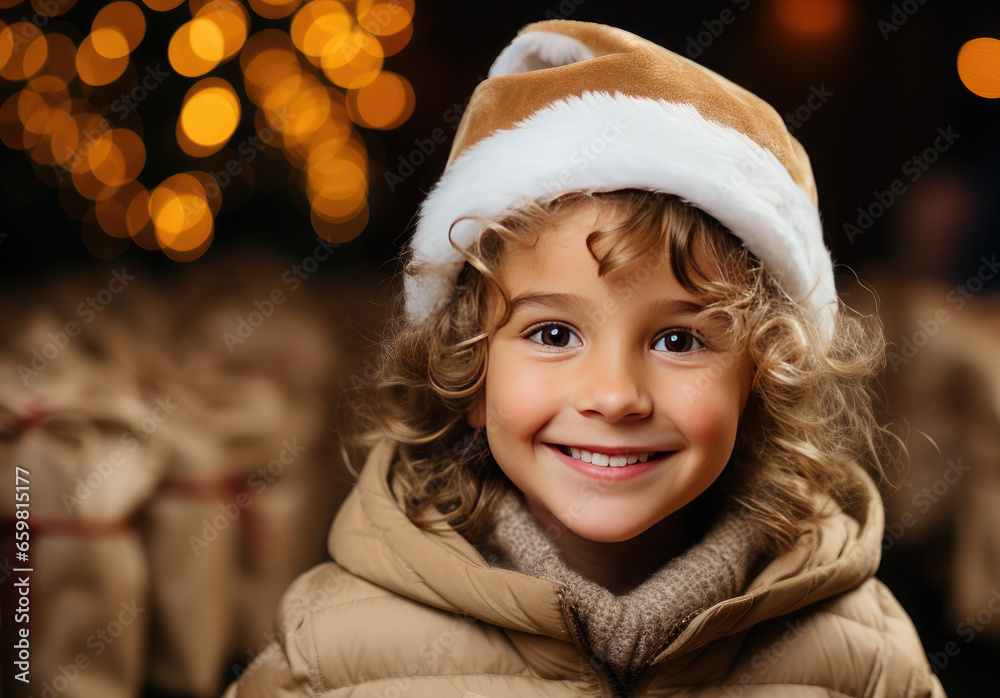 Portrait of a happy cute boy in a Santa hat against the background of Christmas bokeh and bags of gifts. The concept of winter holidays, gifts for children. Portrait of a happy cute boy in a Santa hat against the background of Christmas bokeh and bags of gifts. The concept of winter holidays, gifts for children.