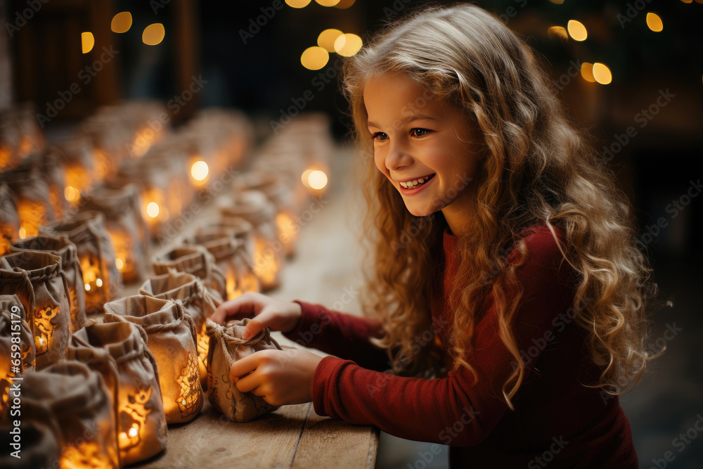 Happy cute girl searching for candy and gifts in advent calendar on during the winter Christmas holidays.Christmas gifts and traditions concept. Happy cute girl searching for candy and gifts in advent calendar on during the winter Christmas holidays.Christmas gifts and traditions concept.