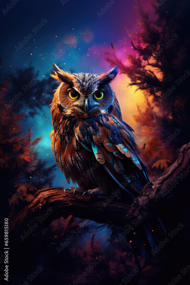 Beautiful magical owl on a magical glowing night background.Wallpaper. Fairytale card.