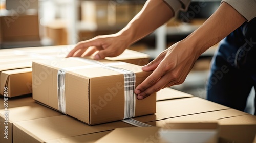 Closeup of hands taping a box photo