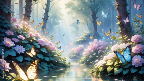 Ethereal Forest:  illustration transports you to an ethereal forest bathed in soft, golden light. Delicate butterflies, floating petals, and a gentle breeze evoke a sense of enchantment, Generative AI