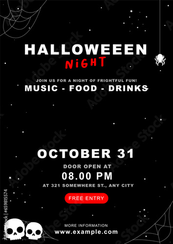 Blood Romance Halloween Poster Layout Template : Announce your Halloween event with this poster template for notices, and flyers. 'Blood Romance Halloween Night' theme, featuring a skull and cobwebs.