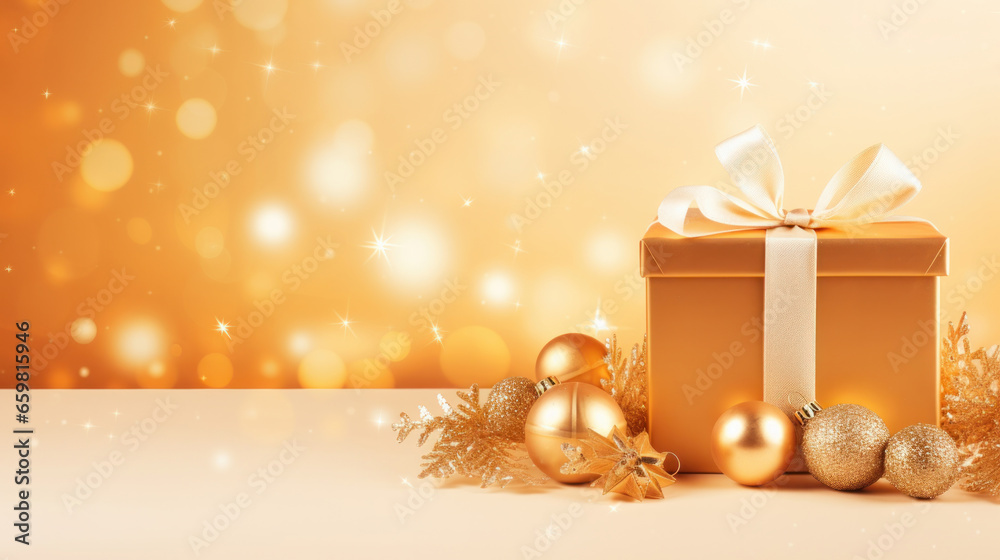 New Year banner background with Christmas gift boxes and golden decorations, golden ball, top view
