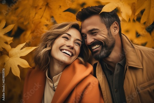 Joyful middle aged couple, a man and woman, sharing a loving hug in the park in autumn.