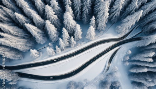 Curvy Windy Road in Snow-Covered Forest, Aerial View © Abood