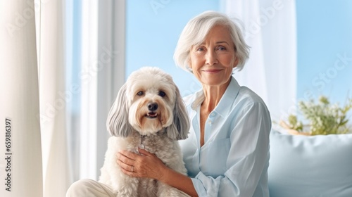 Smiling senior with her furry friend indoors. photo