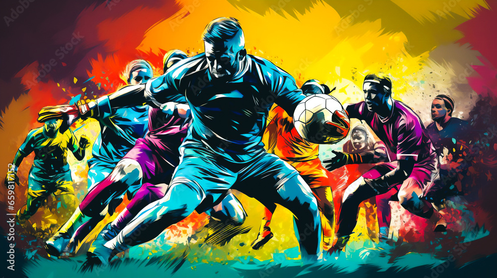 a panoramic view of a soccer field captures the intensity of a match. The focus is on a goalkeeper, adorned in vibrant colors, poised to make a save
