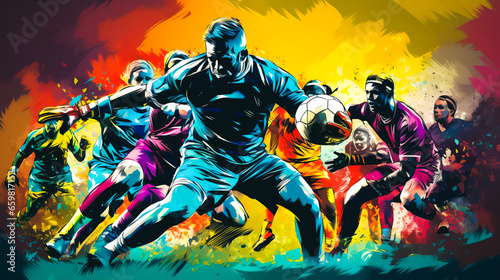 a panoramic view of a soccer field captures the intensity of a match. The focus is on a goalkeeper, adorned in vibrant colors, poised to make a save