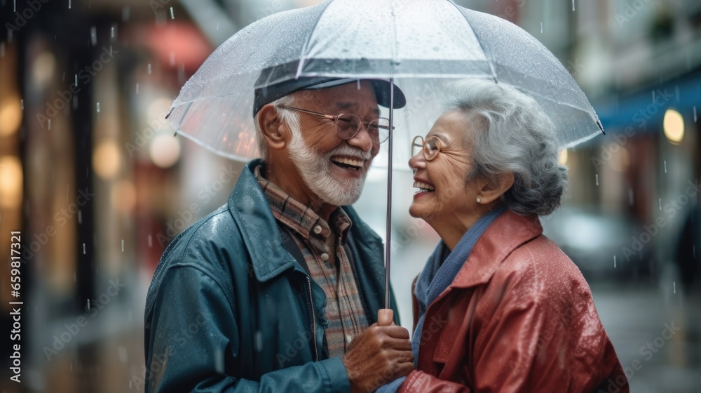 Senior couple, raincoat-clad, joyfully embracing the city's rain. Senior couple, raincoat-clad, joyfully embracing the city's rain.
