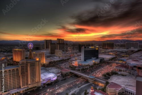 Las Vegas sunset city. Casino tourism scenery. Generate Ai