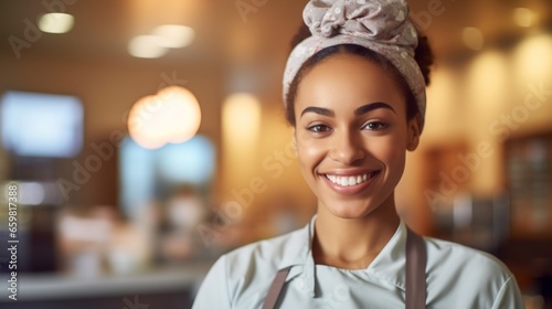 African American female restaurant owner, her radiant smile echoing her successful culinary journey.