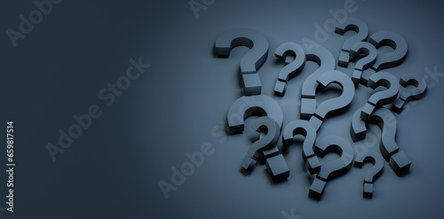 Problem, solution, confusion counseling. Pile of black question mark symbols on dark background. Large pile of black question mark symbols. 3D rendering