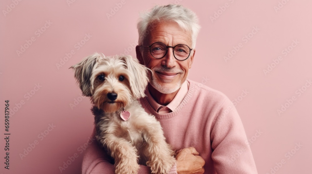 A smiling senior man and his furry friend pose in a studio against a light background. A smiling senior man and his furry friend pose in a studio against a light background.