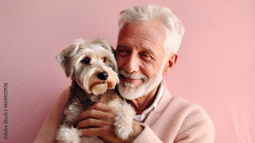A senior man and his dog smile in a studio portrait. A senior man and his dog smile in a studio portrait.