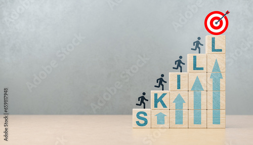 Increasing skills for personal growth, business and career. Upskilling and personal development concept. Upskilling, reskilling, new skills icon on wooden cube. copy space