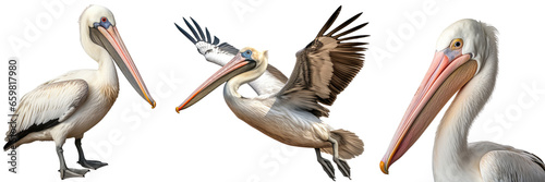 Pelican bird collection (portrait, flying, standing), animal bundle isolated on a white background as transparent PNG