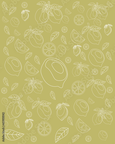 pattern of whole and sliced ​​lemons with white lines and dark yellow background in vector