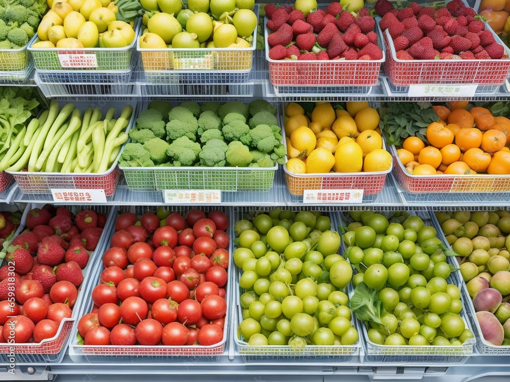 Fruits and vegetables in the refrigerated shelf of a supermarket Fruits and vegetables in the refrigerated shelf of a supermarket