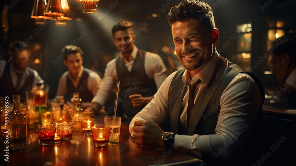 Men drinking whiskey at the bar. AI