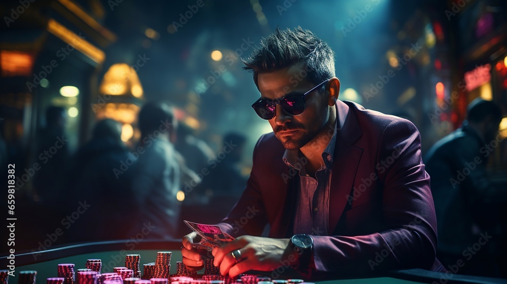 Man in black sunglasses playing poker at the casino