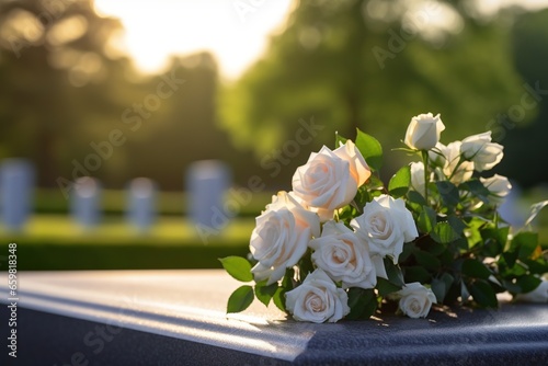 white flowers in front of a gravestone at a cemetery with sunset.Funeral Concept © Rudsaphon