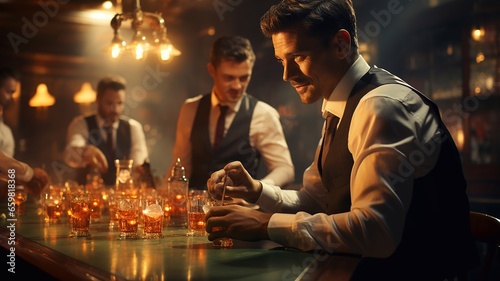 Men drinking whiskey at the bar. AI